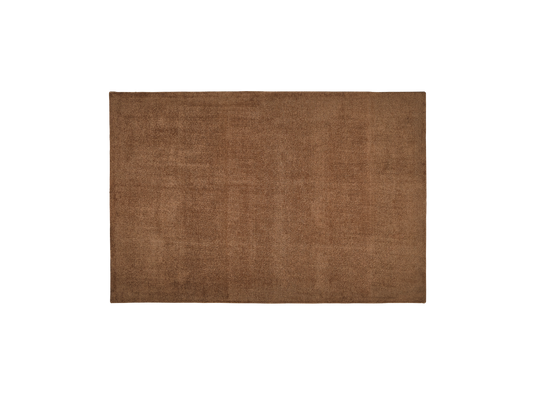Brown rectangular rug with a smooth texture, centred on a plain background.