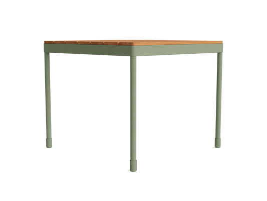 Square table with a wooden top and green metal legs. Simple, modern design.