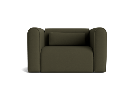 Dark green armchair with plush upholstery, wide seat, and curved armrests. Features a matching back cushion. Modern and minimalist design.