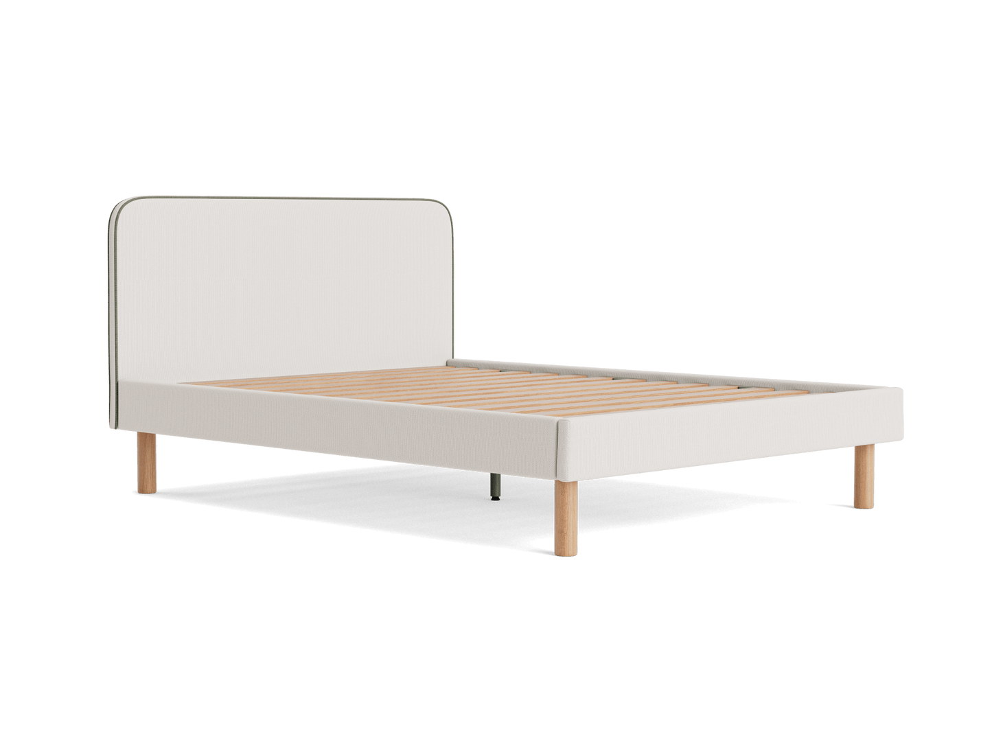 Minimalist wooden bed frame with a light beige upholstered headboard and legs.