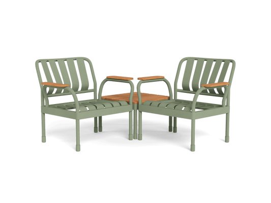 Green outdoor lounge set with two chairs and a side table, featuring wooden armrests and tabletop. Perfect for patio relaxation.