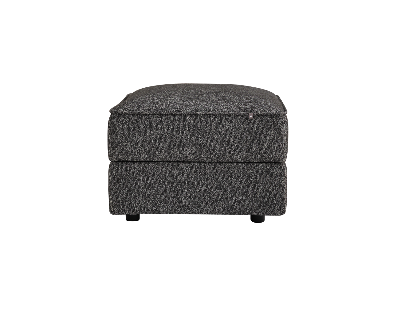 Dark grey fabric ottoman with low profile and square shape. Ideal for living room furniture, offering versatile seating or footrest.