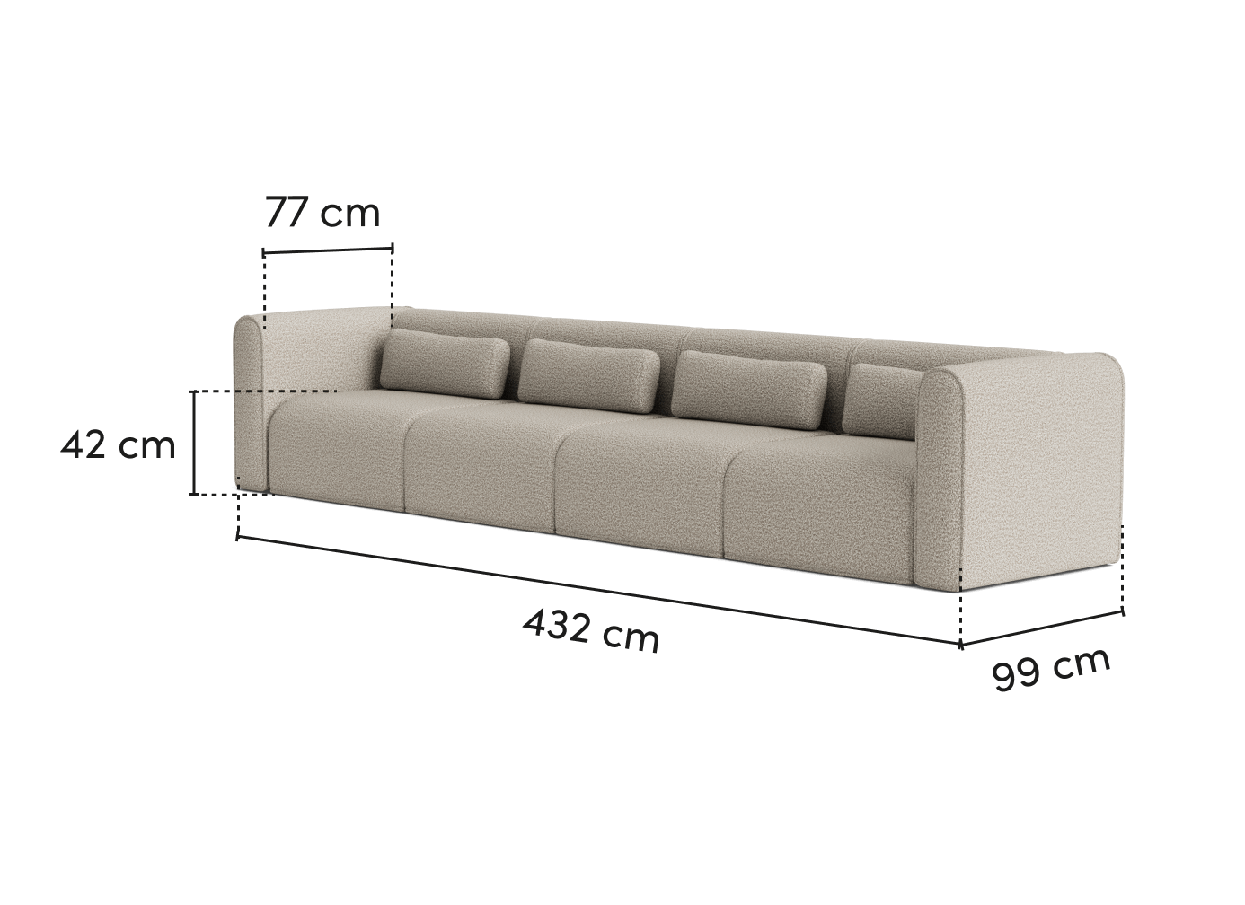 Beige fabric sofa with four seat cushions, three backrest cushions, and measurements: 77 cm height, 432 cm width, and 99 cm depth.