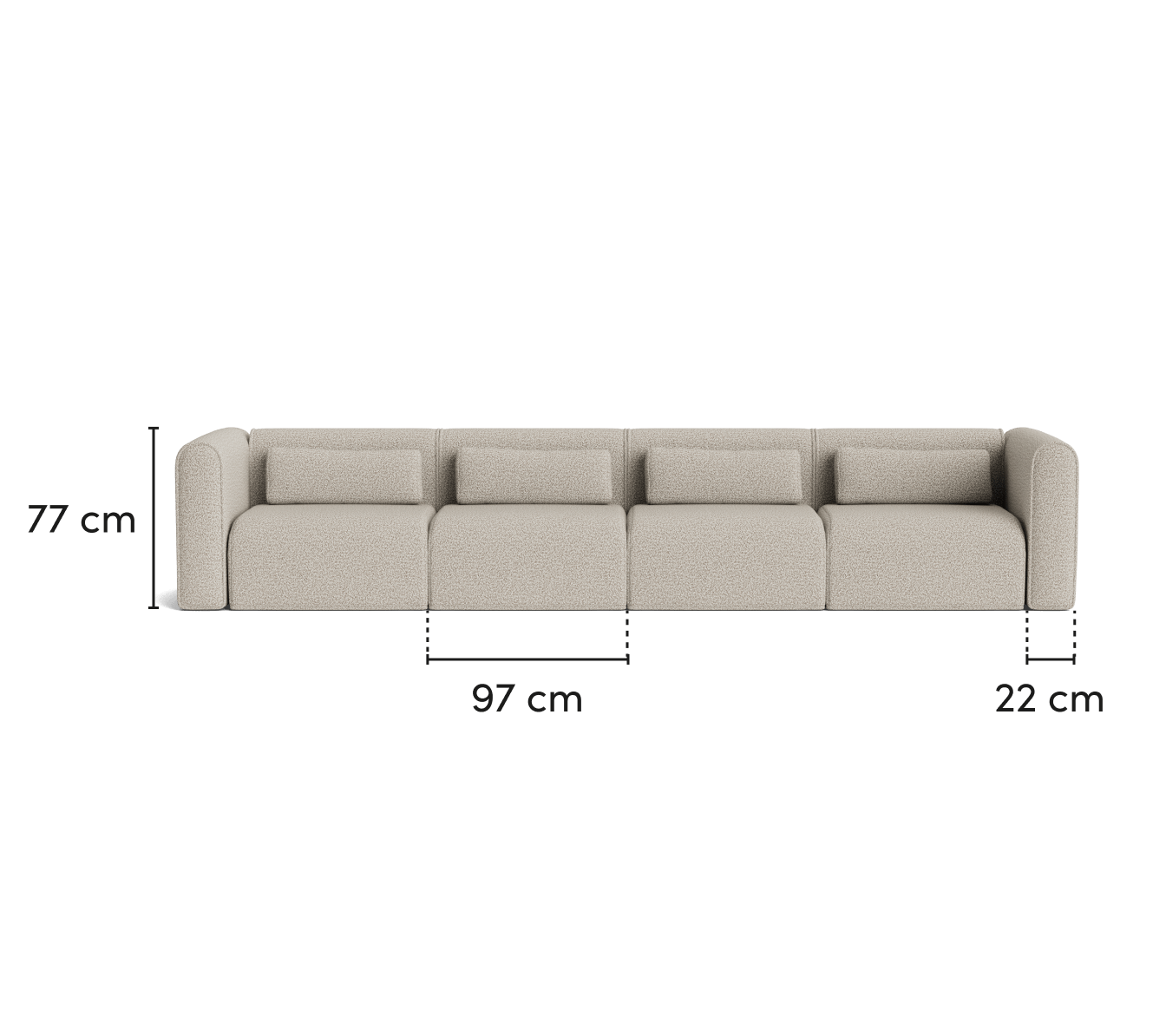 Light brown sofa with four cushions, featuring dimensions: 77 cm height, 97 cm depth, and 22 cm arm width.