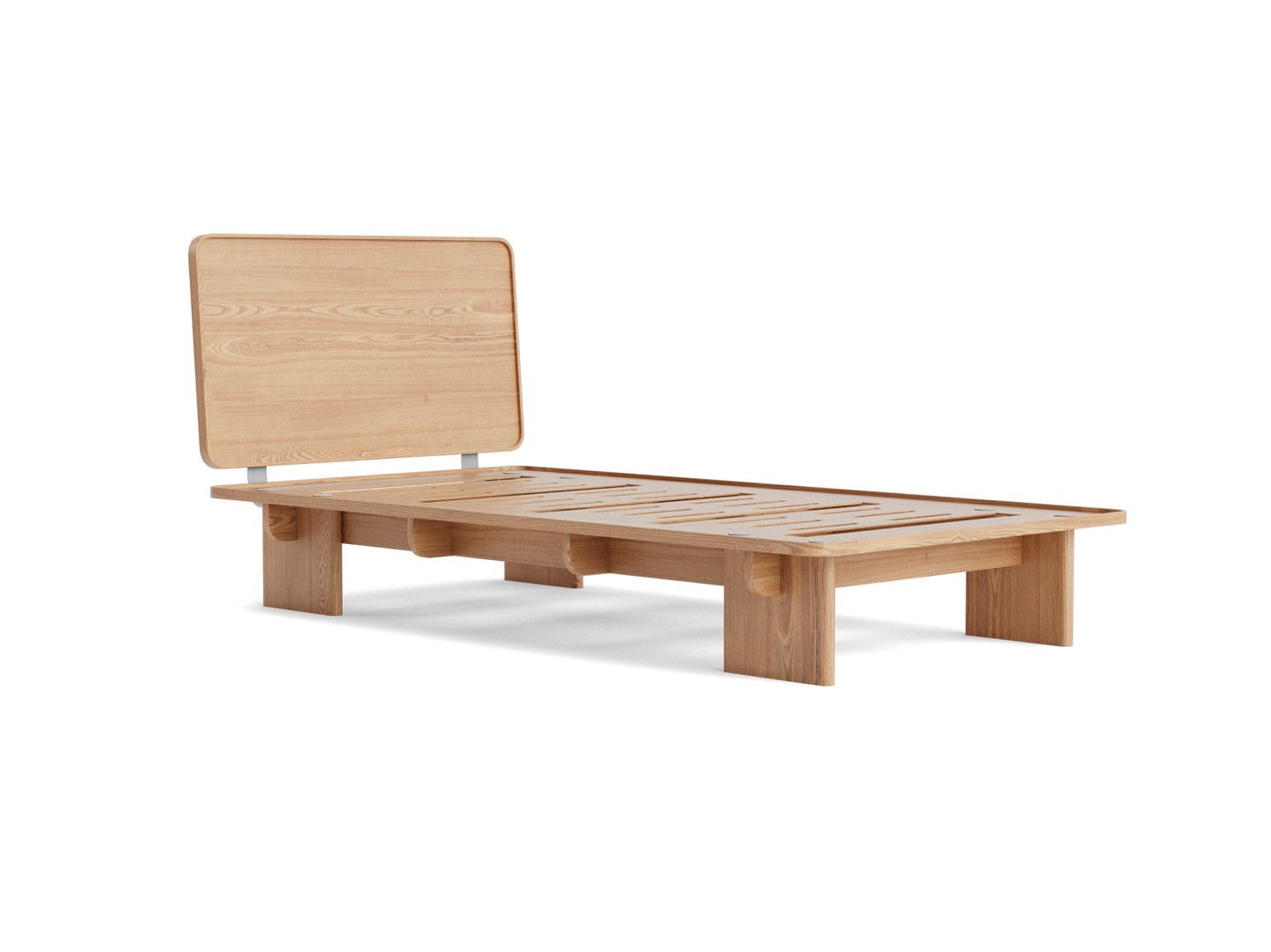 Minimalist light wood platform bed frame with a raised headboard.