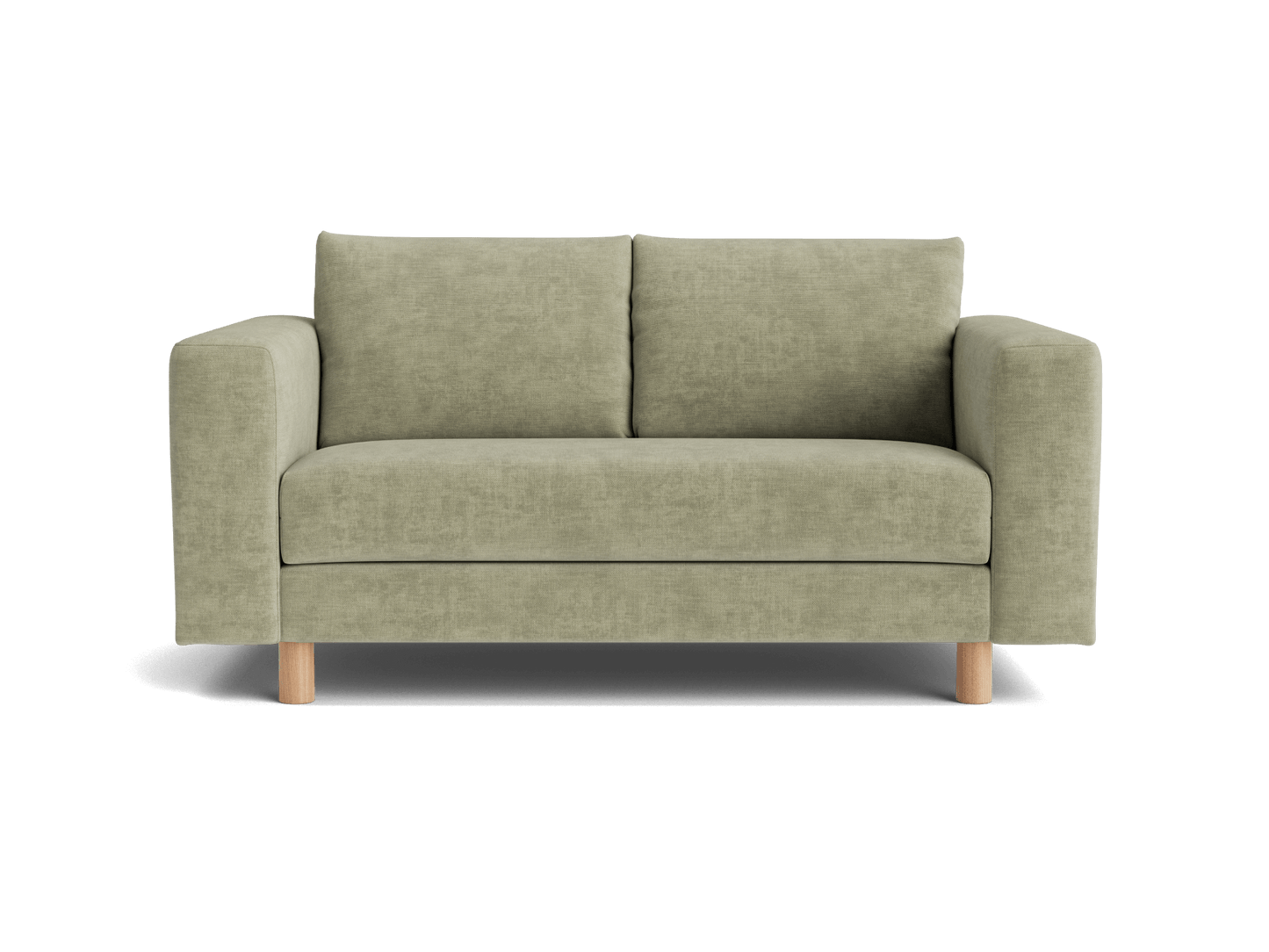 Light grey two-seater sofa with cushioned back, wide armrests, and wooden legs, ideal for a modern living room setting.