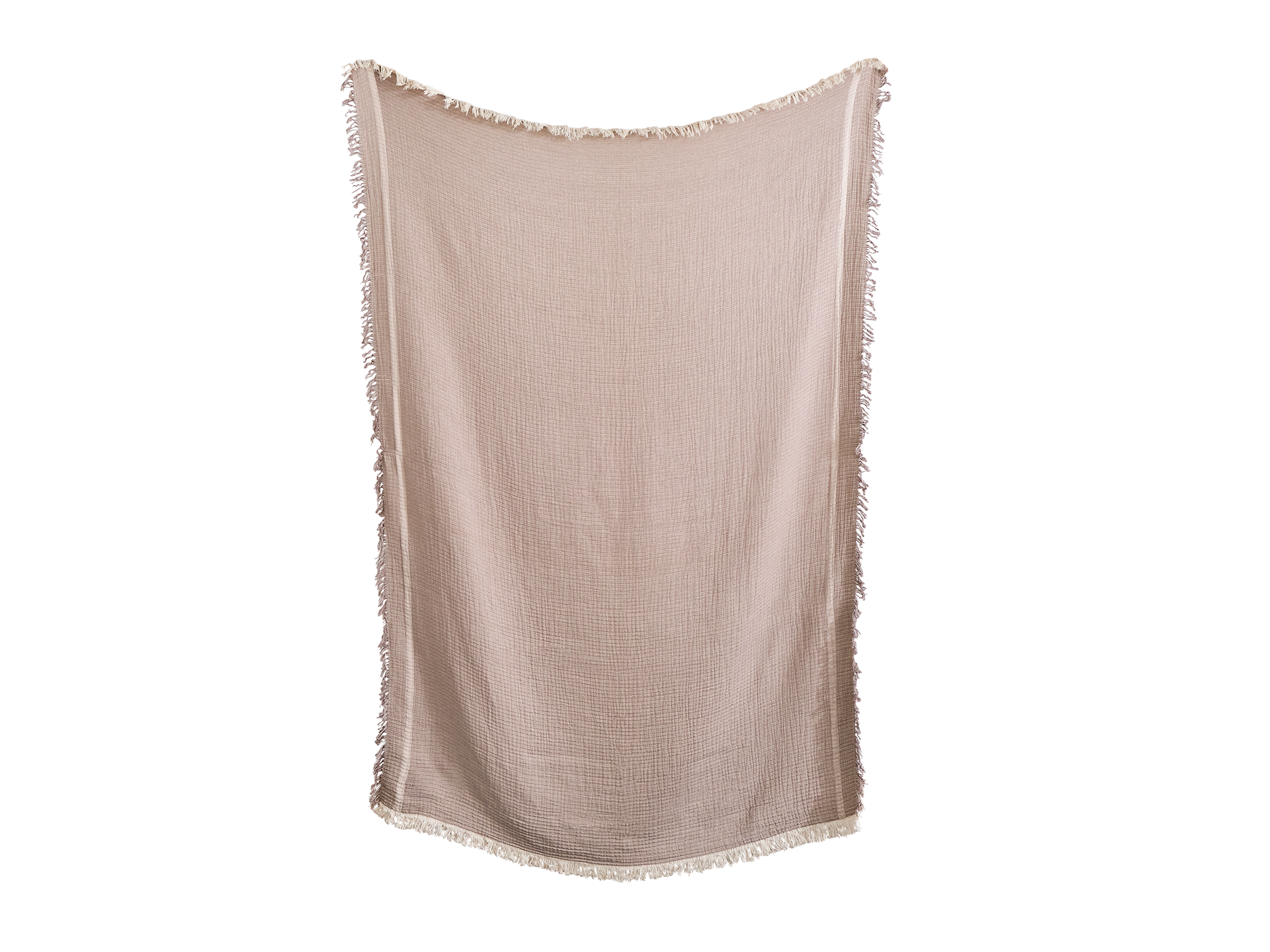 Light brown fabric blanket with fringe edges, hanging vertically against a white background.