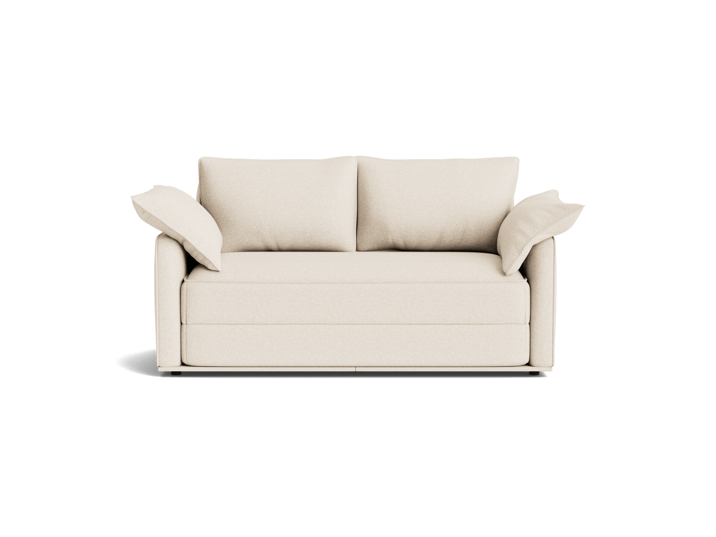 Cream-coloured two-seater sofa with plush cushions and wide, comfortable armrests on a white background.