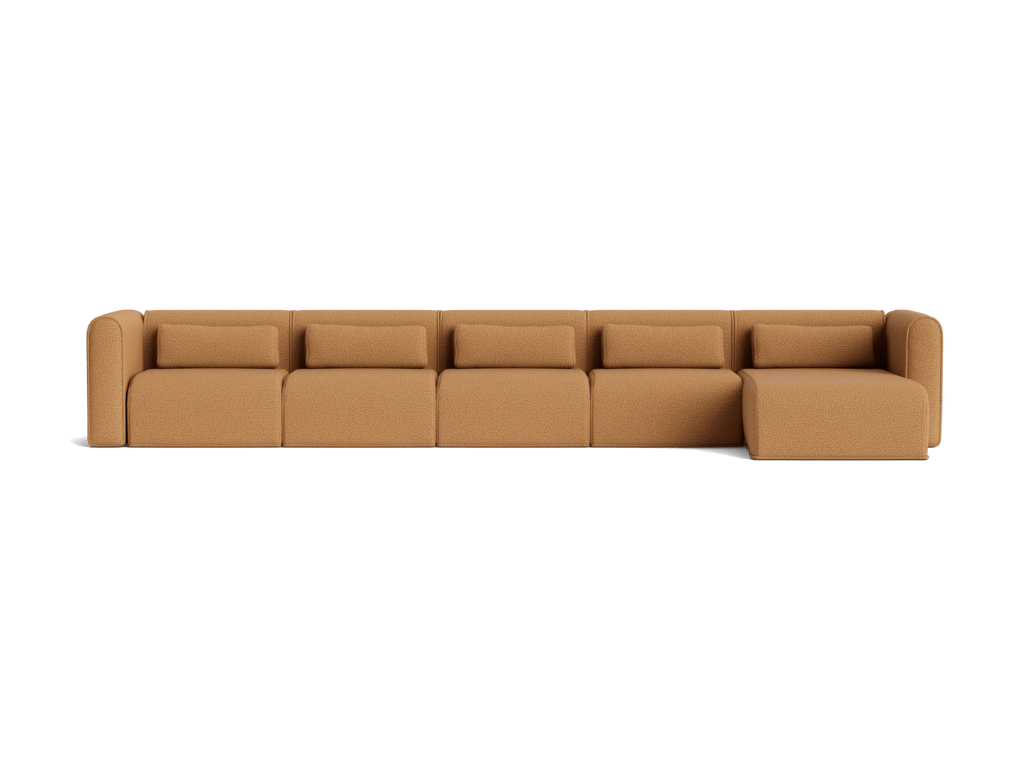 Long brown modular sectional sofa with five cushioned seats and a right-side chaise lounge, featuring a minimalist design.