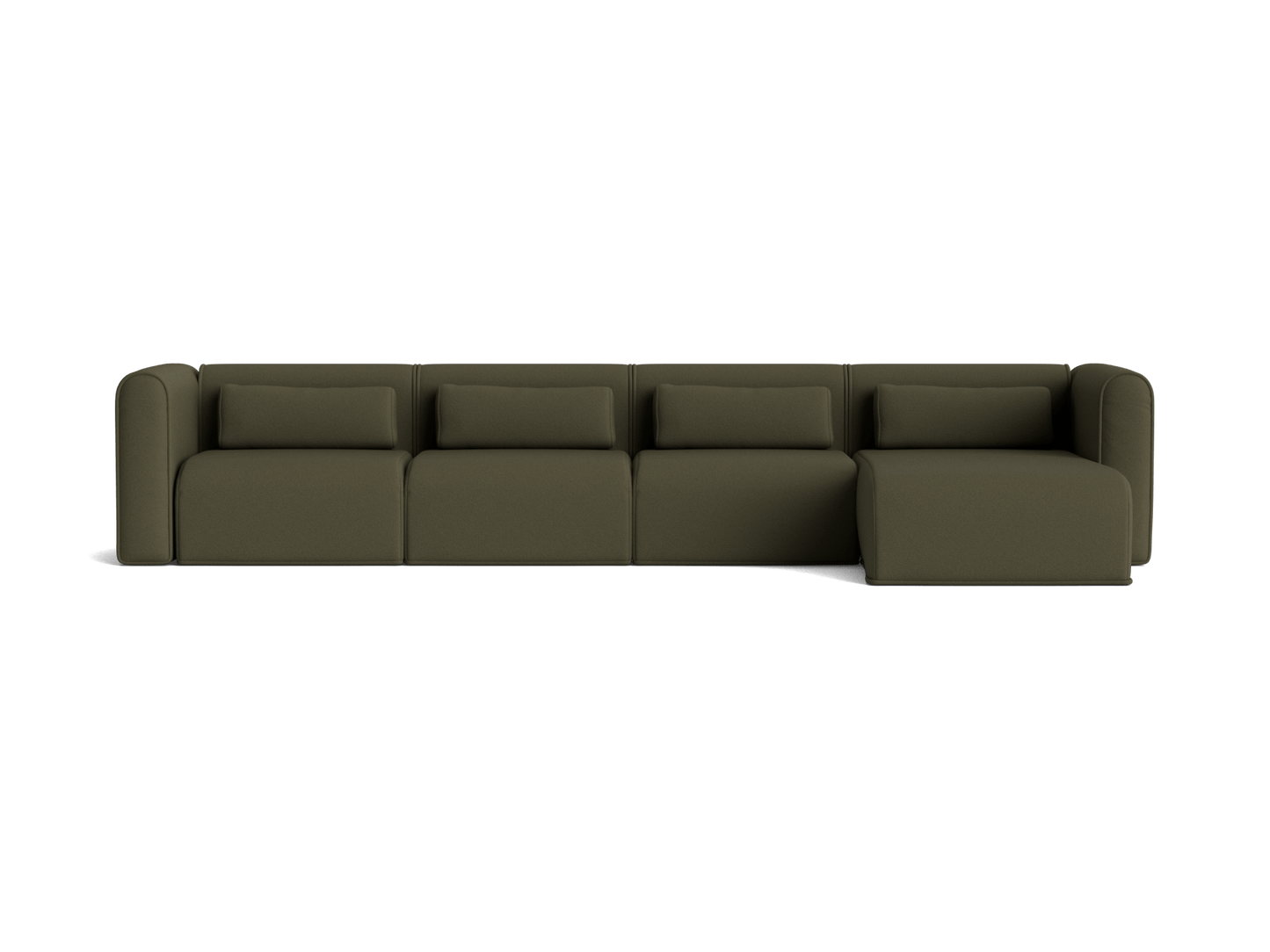 Dark green modular sofa with four sections, including a chaise lounge on the right. Minimalist design with matching back cushions.