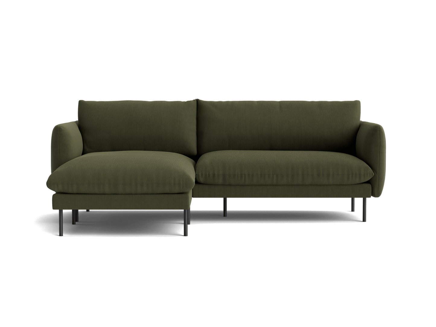 Olive green sectional sofa with left chaise, cushioned backrest, and slim black legs on a white background.