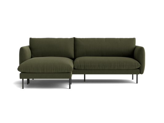 Olive green sectional sofa with left chaise, cushioned backrest, and slim black legs on a white background.