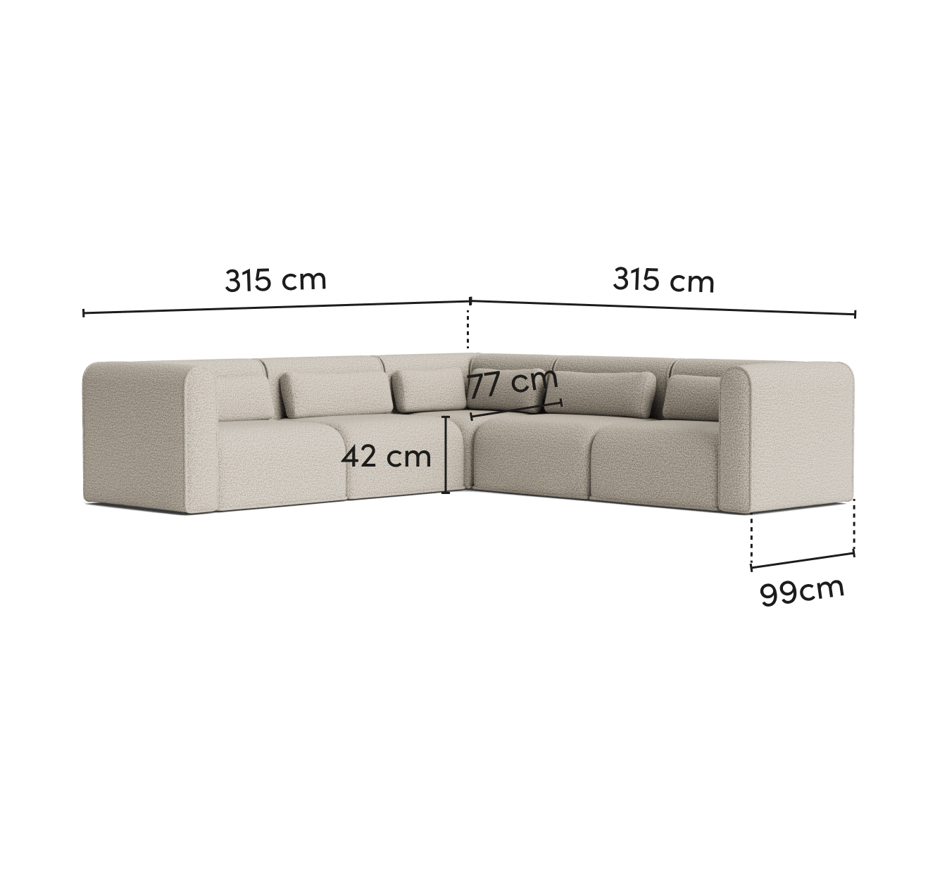 Beige L-shaped sectional sofa with dimensions: 315 cm length per side, 77 cm seat depth, 42 cm seat height, 99 cm total depth.
