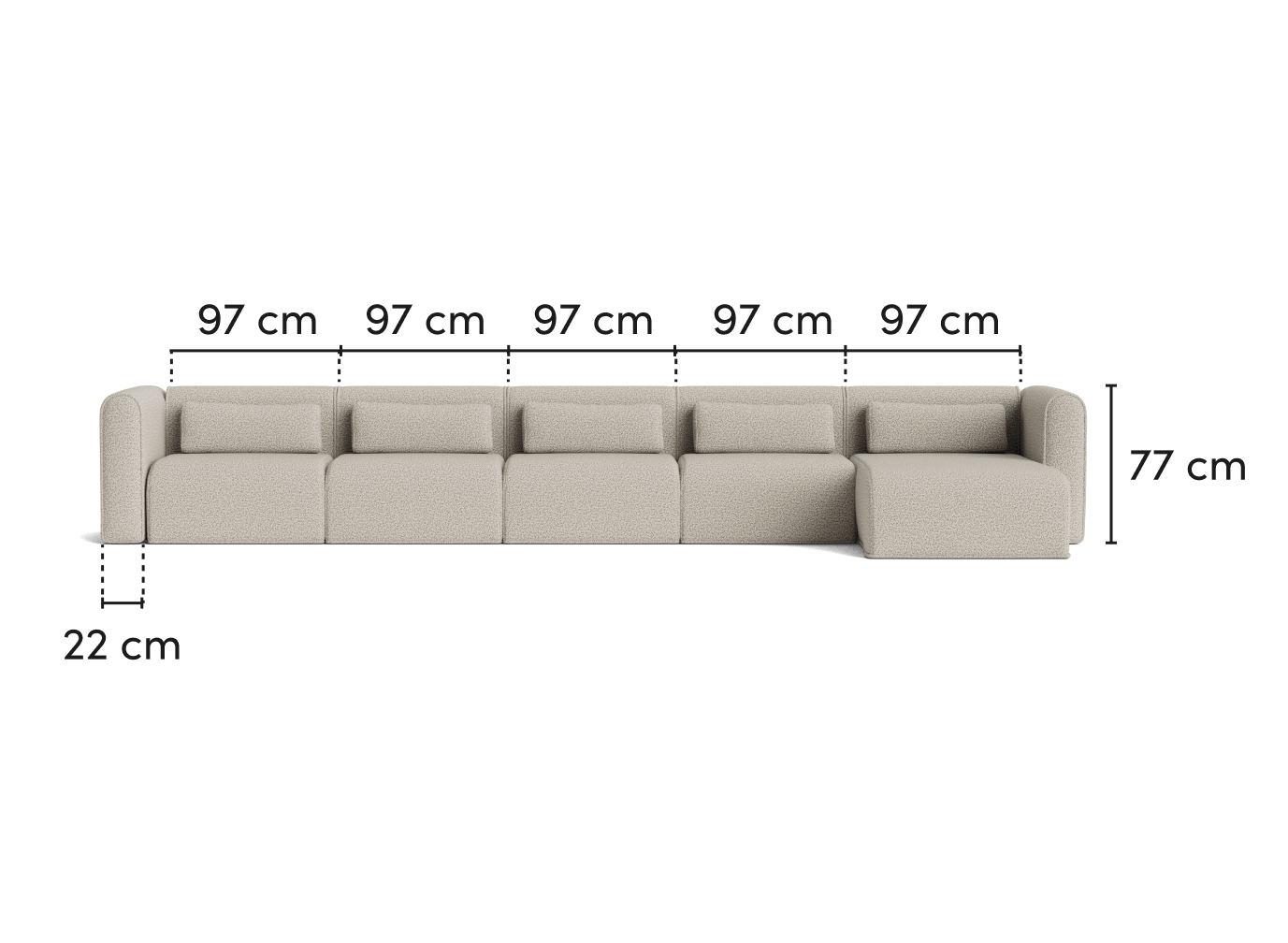 Light brown modular sofa with five sections and right-side chaise, measuring 97 cm per section, 77 cm high, and 22 cm base height.