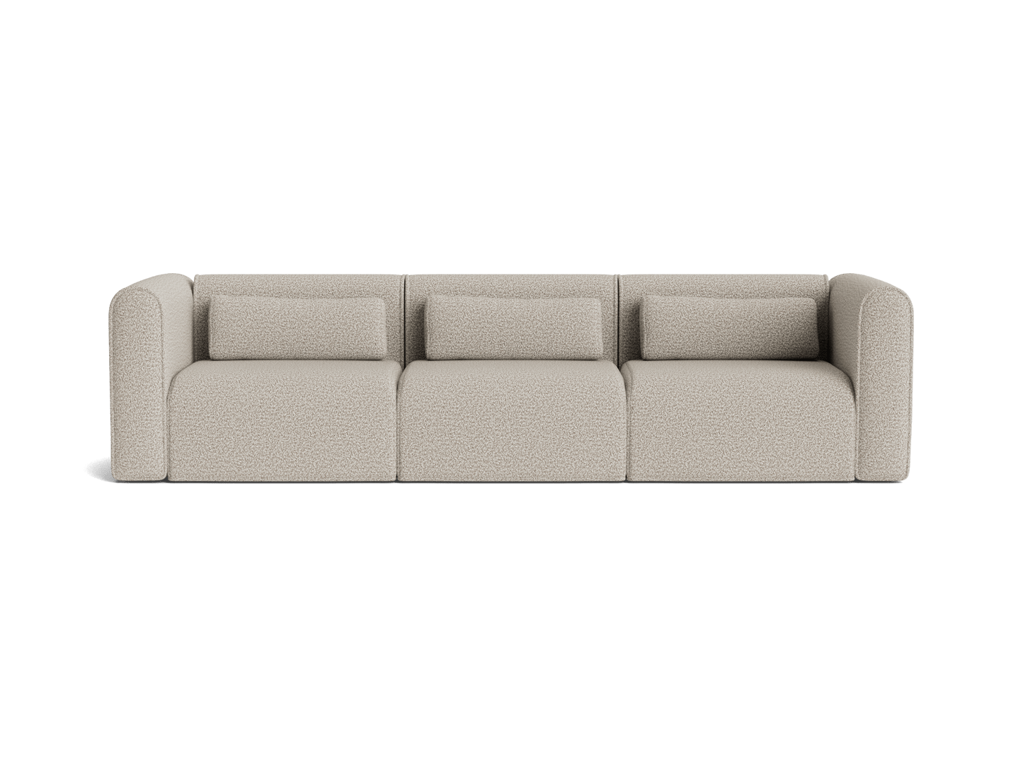 Three-seater light grey sofa with curved armrests and boxy cushions on a white background.