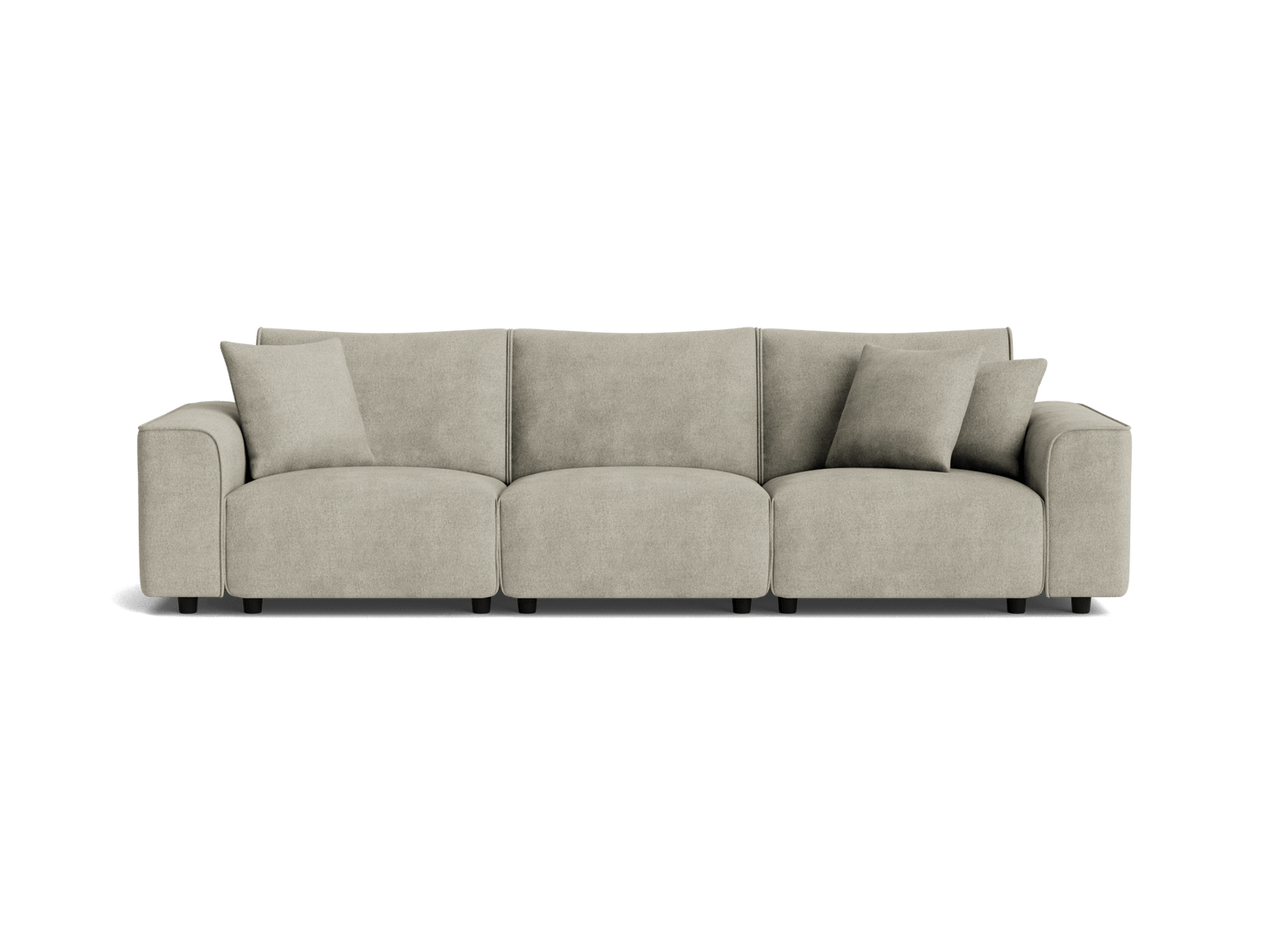 Light grey, three-seater sofa with cushioned back and armrests. Includes three matching cushions. Modern, minimalist design.