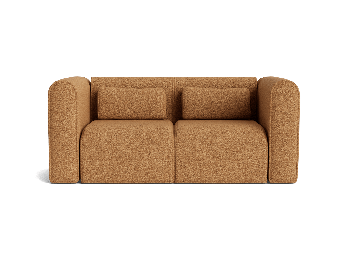 Two-seater light brown sofa with rounded armrests and backrest, featuring two back cushions for comfort.