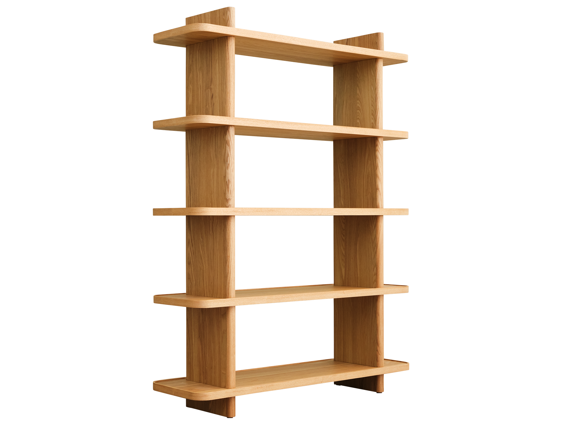 Natural wood bookshelf with five evenly spaced shelves, featuring vertical supports. Simple design, perfect for home or office storage.