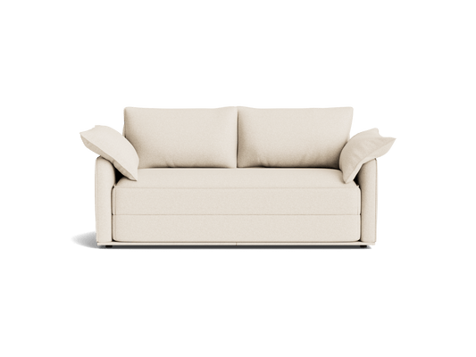 Beige three-seater sofa with a minimalist design, featuring square arms and two large back cushions.