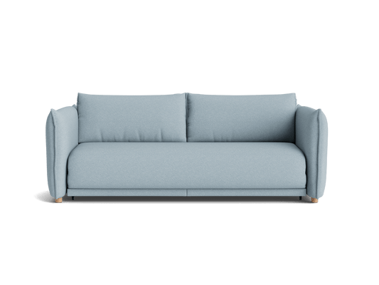 Light blue three-seater sofa with padded armrests and two back cushions, featuring wooden legs.