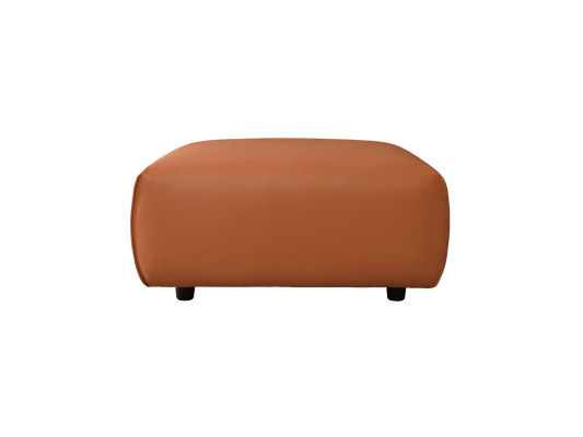 Tan rectangular ottoman with a smooth surface and small black legs, perfect for modern living room decor.