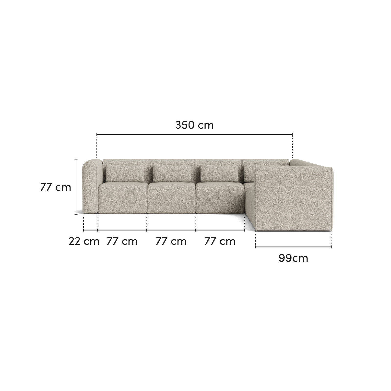Beige modular L-shaped sofa with detailed measurements: 350cm wide, 99cm deep, and 77cm high. Sections are 22cm and 77cm each.