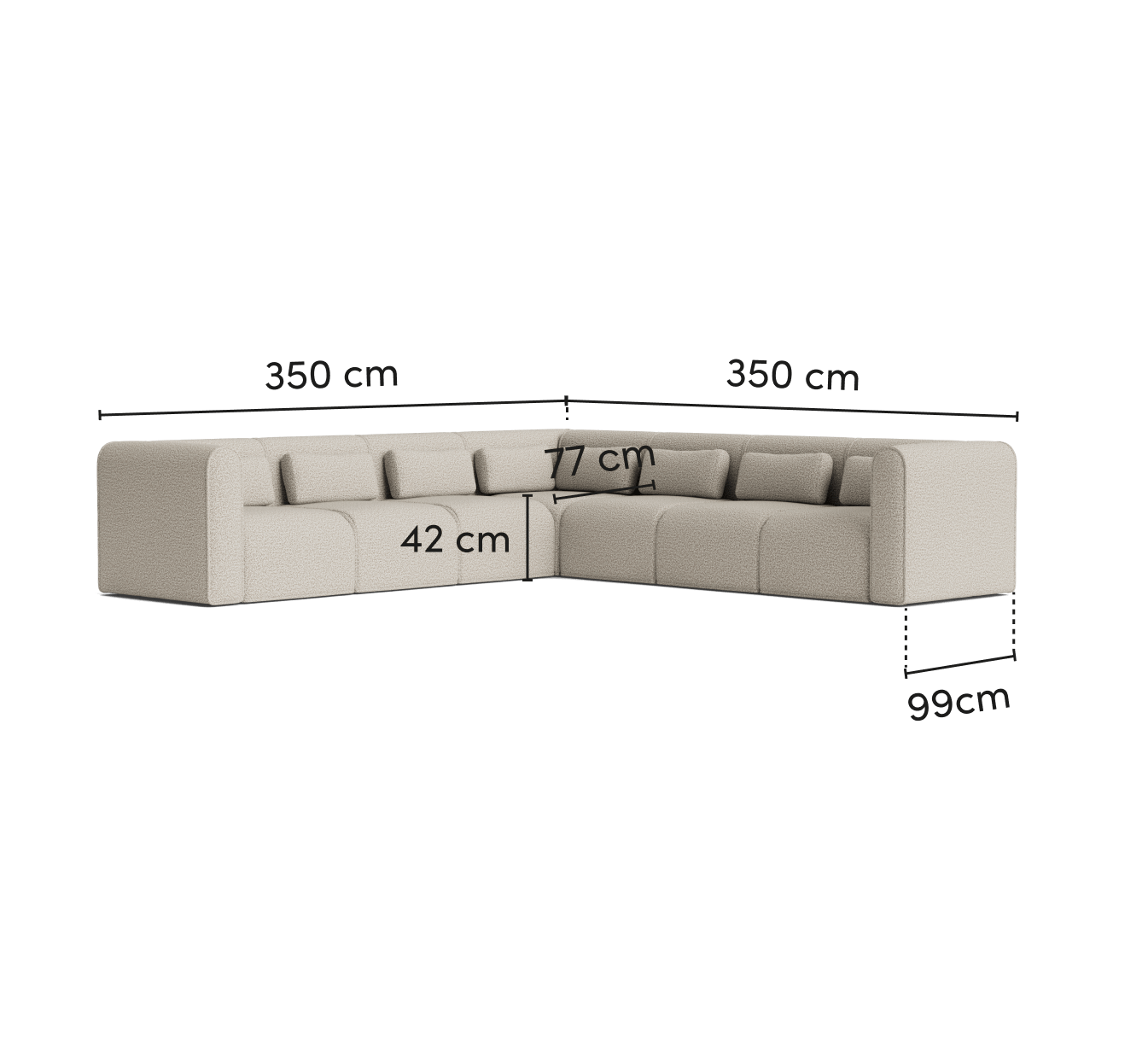 Beige L-shaped sectional sofa with visible dimensions: 350 cm length per side, 42 cm depth, and 99 cm height.