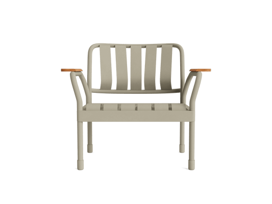 Light grey outdoor chair with vertical slats, curved armrests, and wooden accents on the armrests. Modern and minimalist design.