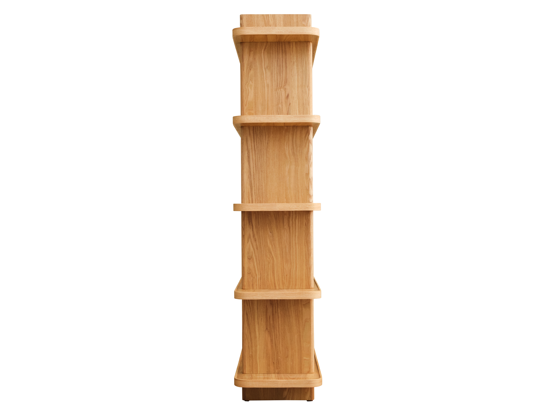 Tall wooden bookshelf with a light brown finish, featuring six asymmetrical shelves stacked vertically.