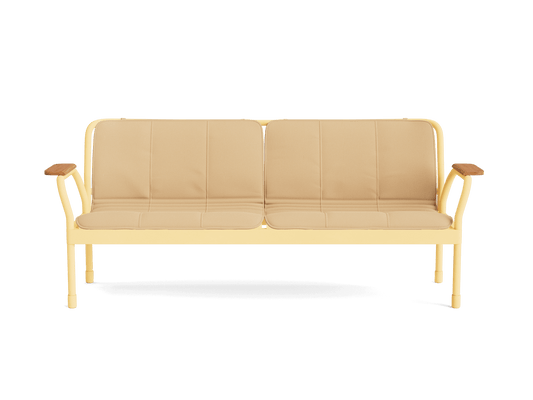 Cream-coloured sofa with metal frame and light wood armrests, featuring two separate seat cushions. Modern design.