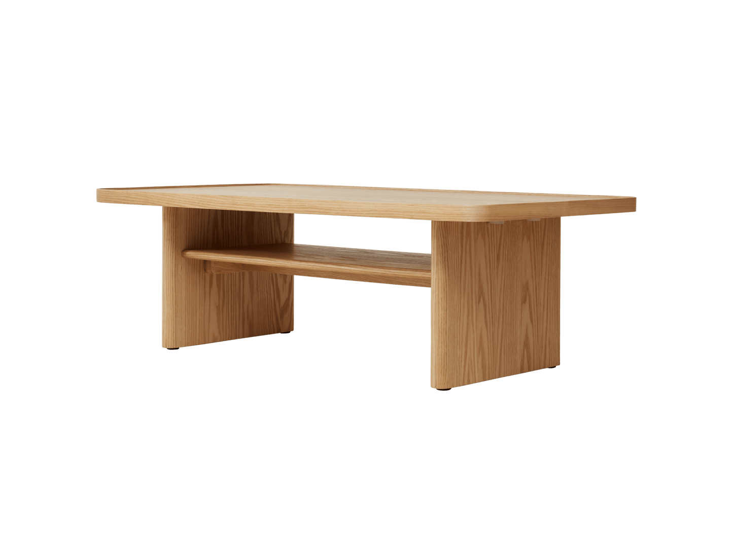 Modern rectangular coffee table in light wood, featuring a smooth surface and a lower shelf for storage. Ideal for living rooms.