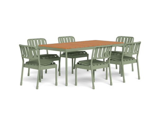 Outdoor dining set with six light grey chairs featuring slatted backs and a rectangular wooden table. Ideal for garden or patio use.