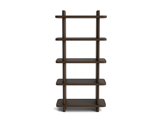 Dark brown wooden bookshelf with five evenly spaced open shelves, featuring a minimalist design. Suitable for modern home decor.