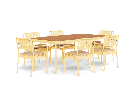 Outdoor dining set with six light yellow metal chairs and a rectangular wooden table, ideal for garden or patio use.