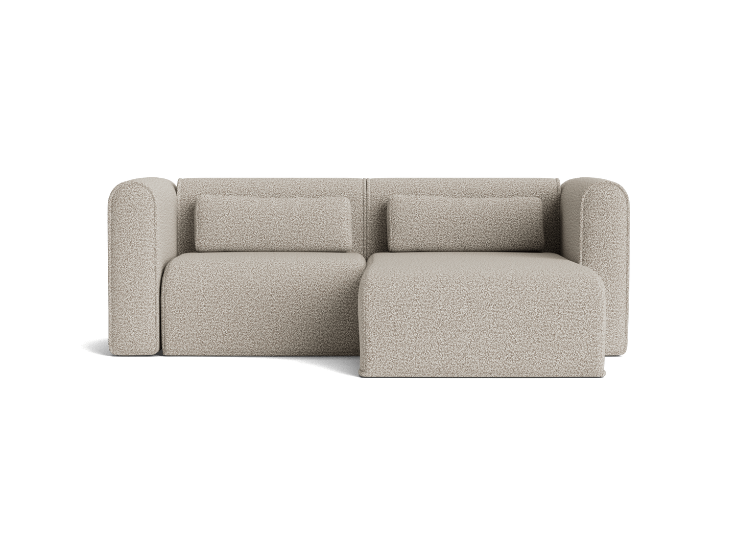 Beige modular sofa with two back cushions and chaise lounge on the right. Modern design, plush upholstery, clean lines, comfortable seating.