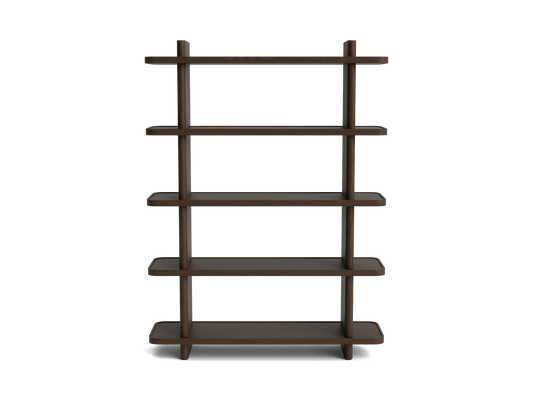 Dark brown wooden shelving unit with five open shelves, minimalist design, and vertical supports on each side. Perfect for home or office storage.