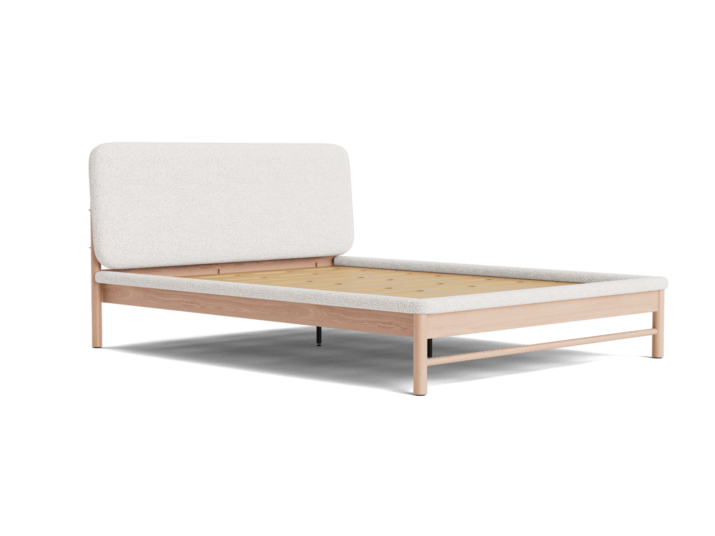 Modern bed frame with a light wood finish and a light grey upholstered headboard. Minimalist design, platform base. Perfect for bedroom decor.