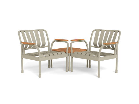 Outdoor furniture set with two light grey metal chairs and a matching centre table. Chairs have wooden armrests.