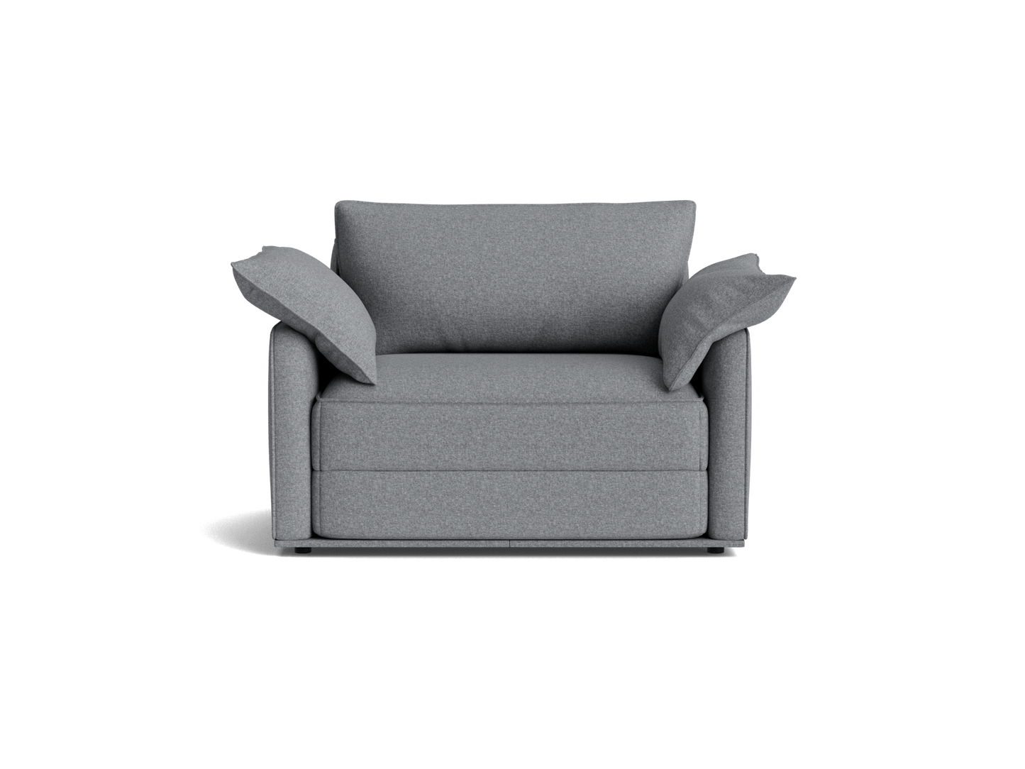 A modern, light grey single sofa bed with two detached cushions, featuring clean lines and compact design, ideal for small living spaces.