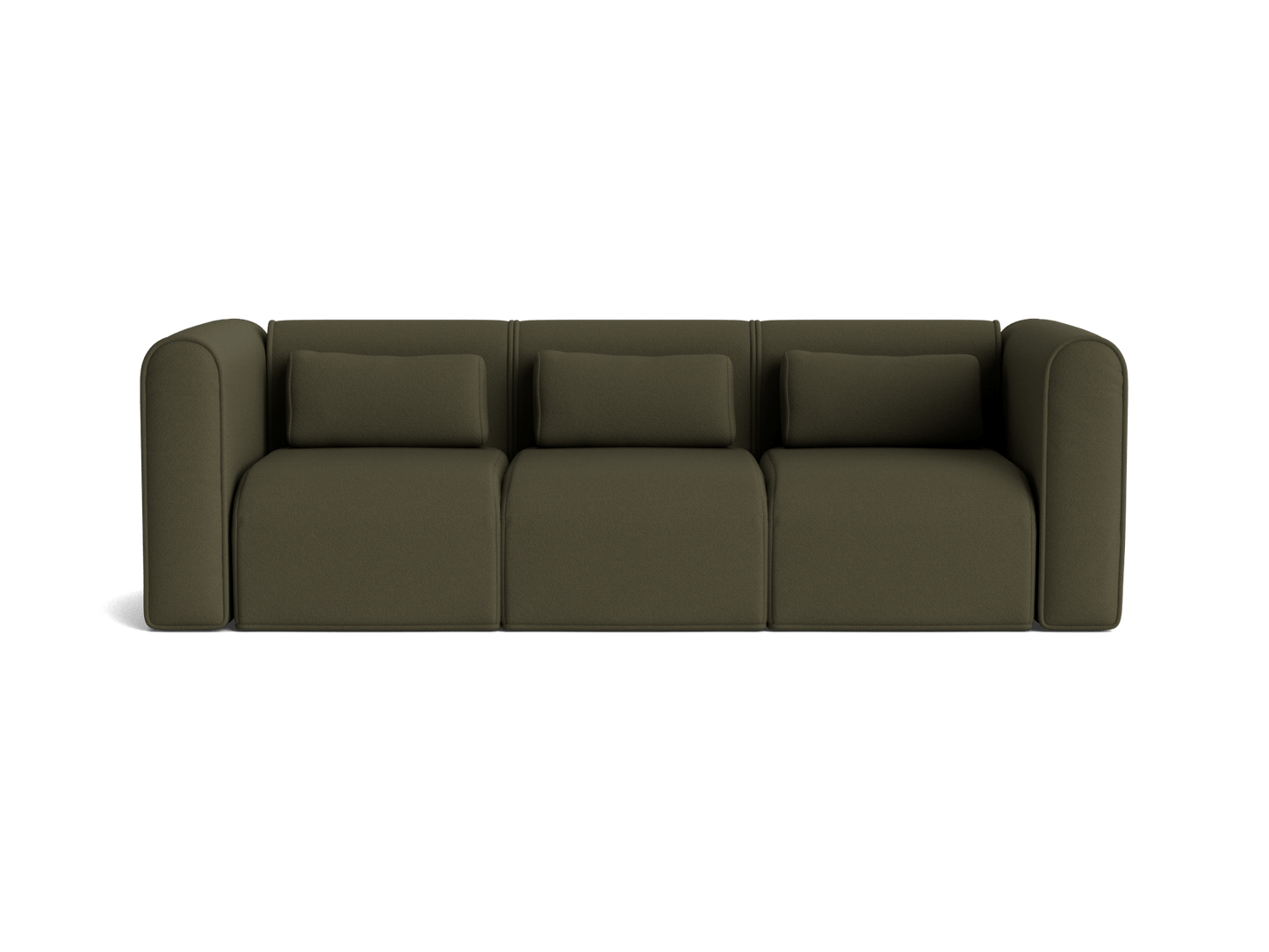 Olive green, three-seater modular sofa with thick cushions and rounded armrests. Perfect for modern living room decor.