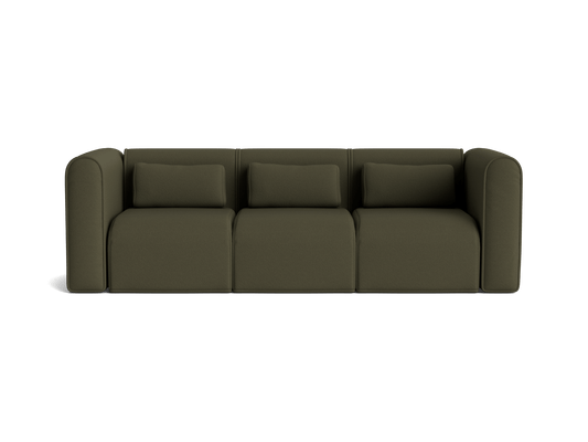 Olive green, three-seater modular sofa with thick cushions and rounded armrests. Perfect for modern living room decor.