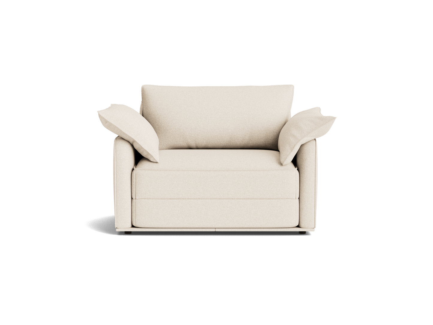 Beige armchair with plush cushions and a minimalist design on a white background.