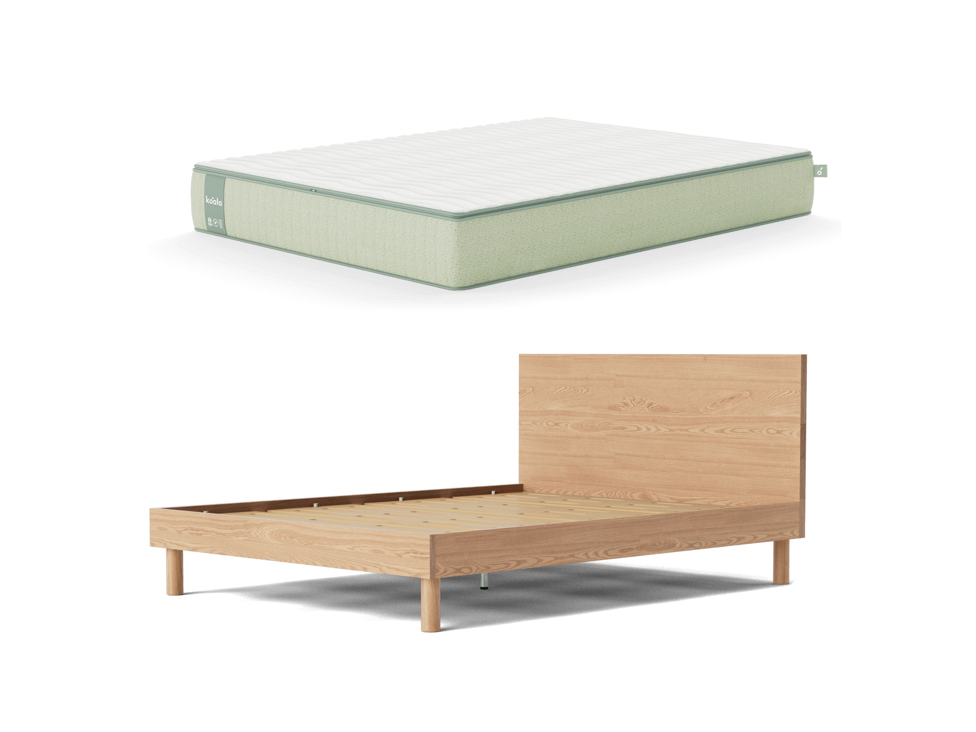 Light green mattress and a light brown wooden bed frame with a tall headboard. Bedroom furniture set on a white background.