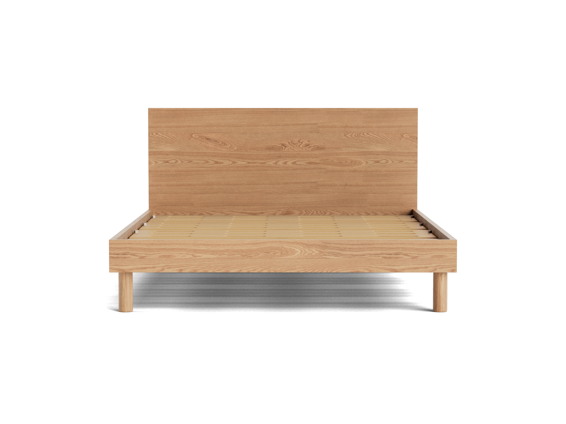Oak timber bed frame with a high headboard and minimalist design. The natural wood grain is prominent, with a flat platform base.