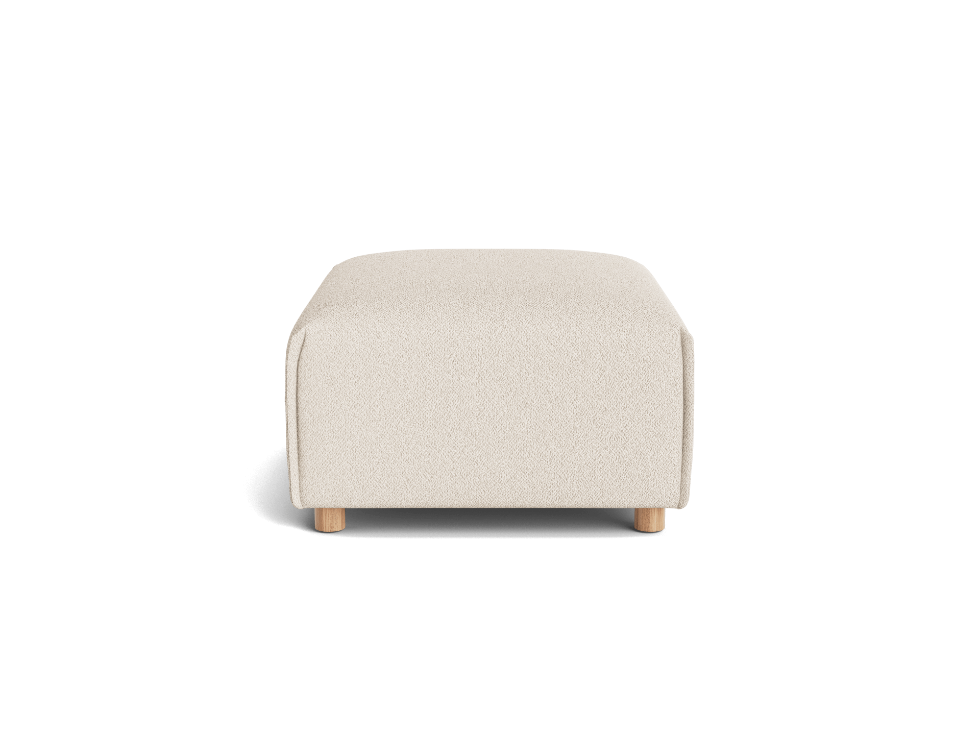 Rectangular beige ottoman with rounded edges and wooden legs viewed from the front on a plain surface