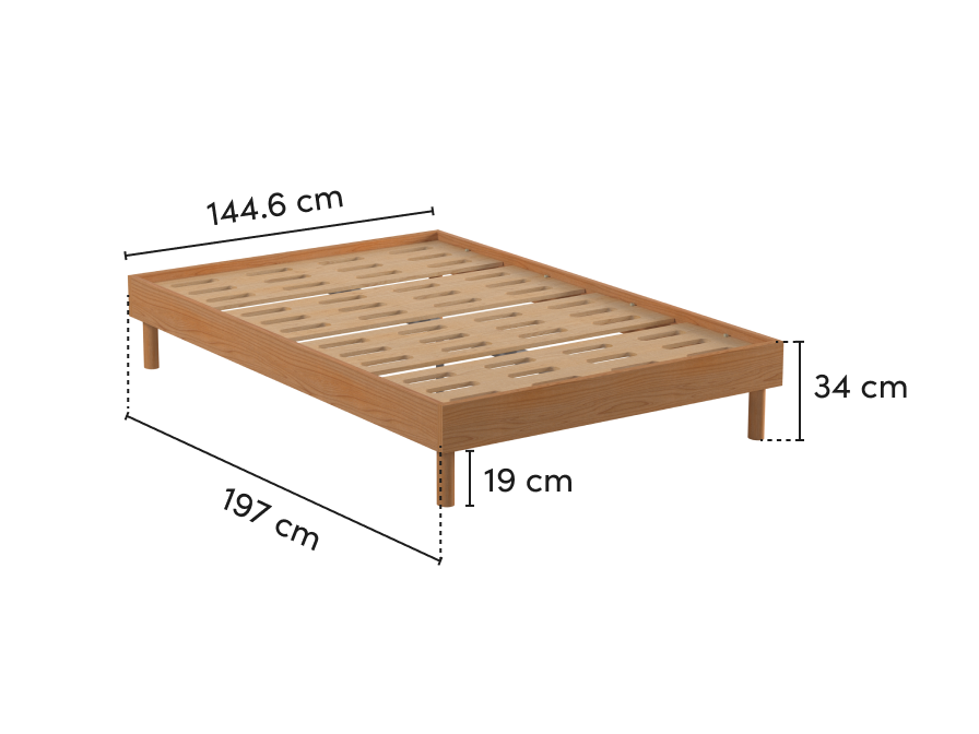 Wooden bed frame with slatted base, rectangular shape. Dimensions: 197 cm x 144.5 cm x 15 cm. Light brown finish, sleek and minimal design.