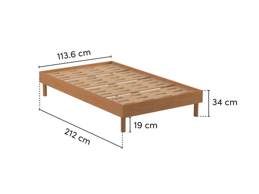 Wooden bed frame with slatted base, natural finish. Dimensions labeled: 189 cm length, 138.5 cm width, 35 cm height. Simple design.
