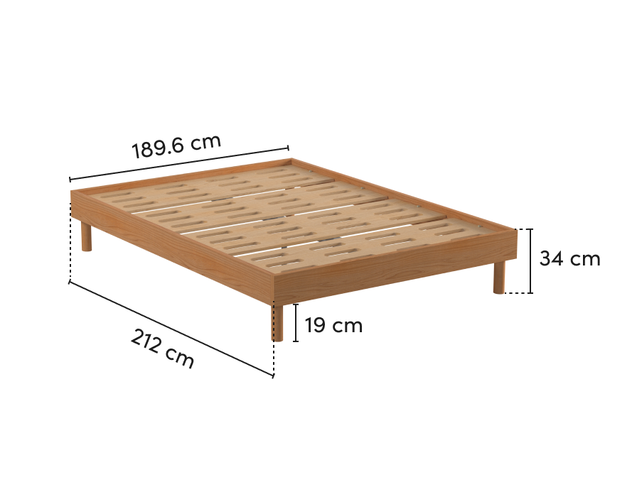 Natural wood low bed frame with slatted base, measuring 193 cm long, 153.5 cm wide, and 34 cm high.