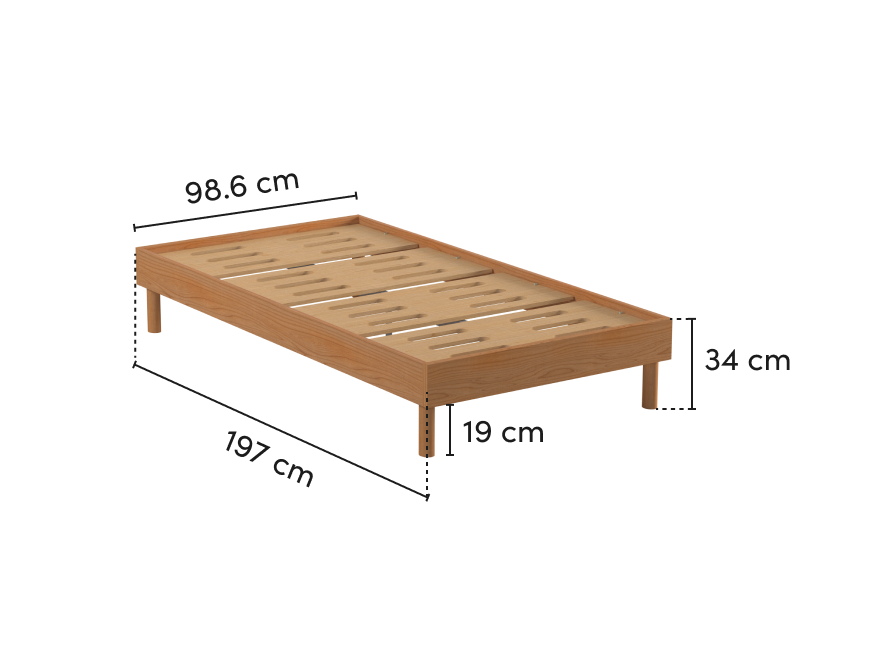 Single wooden bed frame with slatted base, measures 197 cm long, 92.5 cm wide, and 19 cm high. Simple design with natural wood finish.