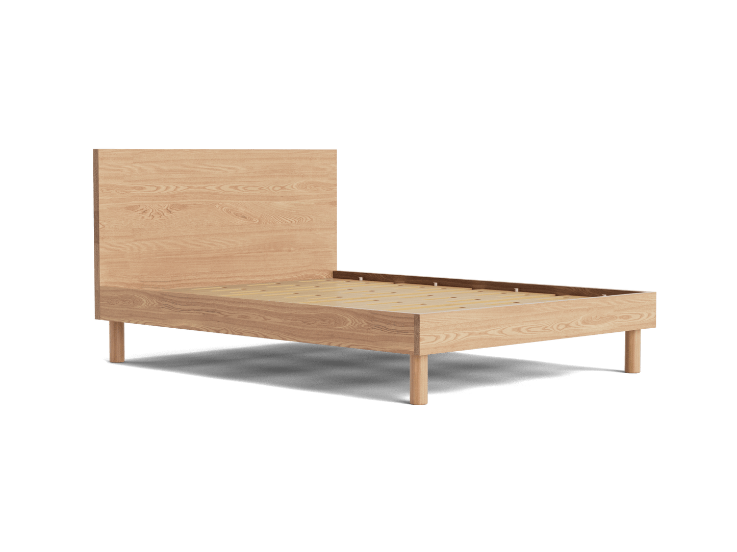 Light wood bed frame with slatted base and simple headboard, featuring clean lines and smooth finish.